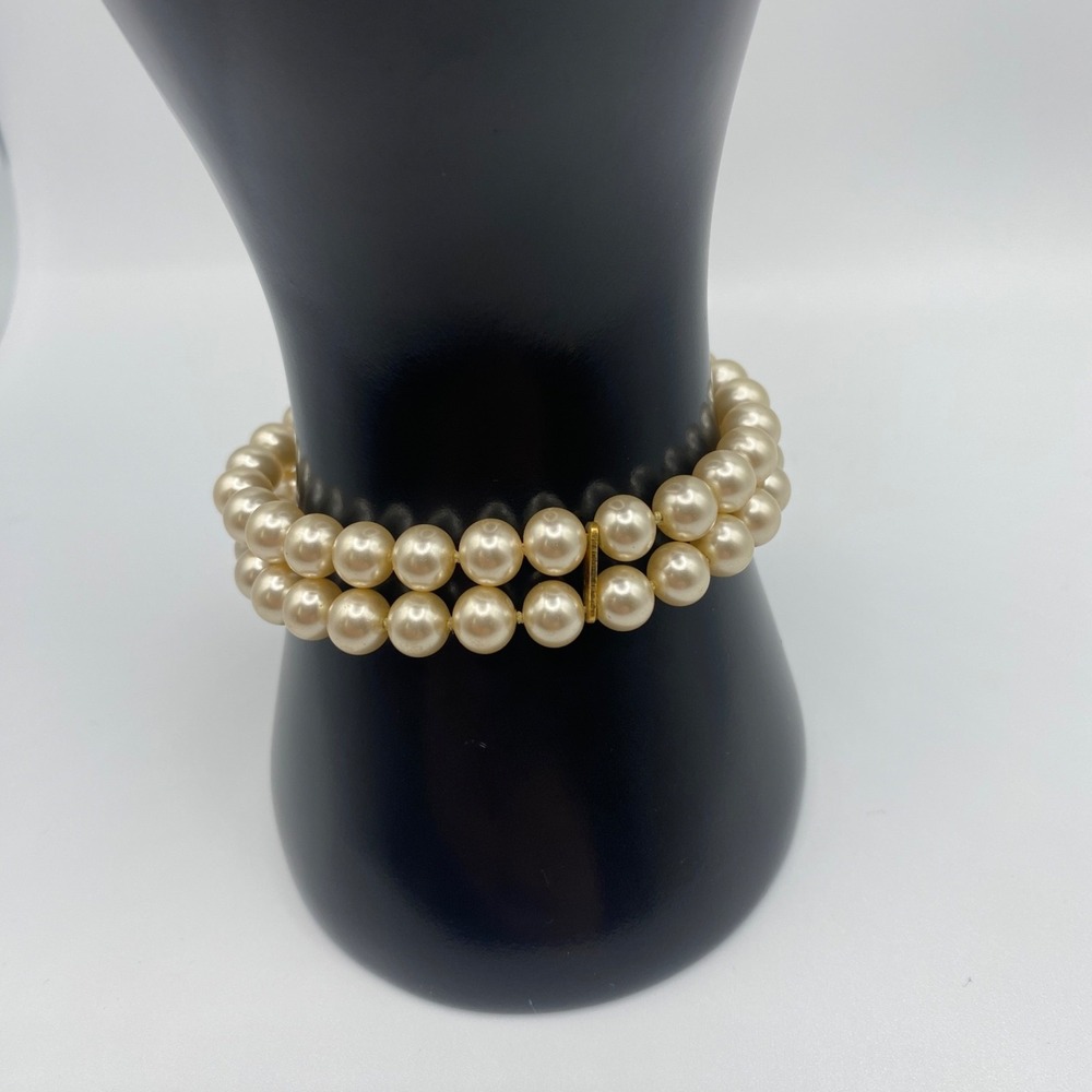 Faux Pearl Double Strand Bracelet Gold Tone Barrel Clasp Bar Spacers 6.5"